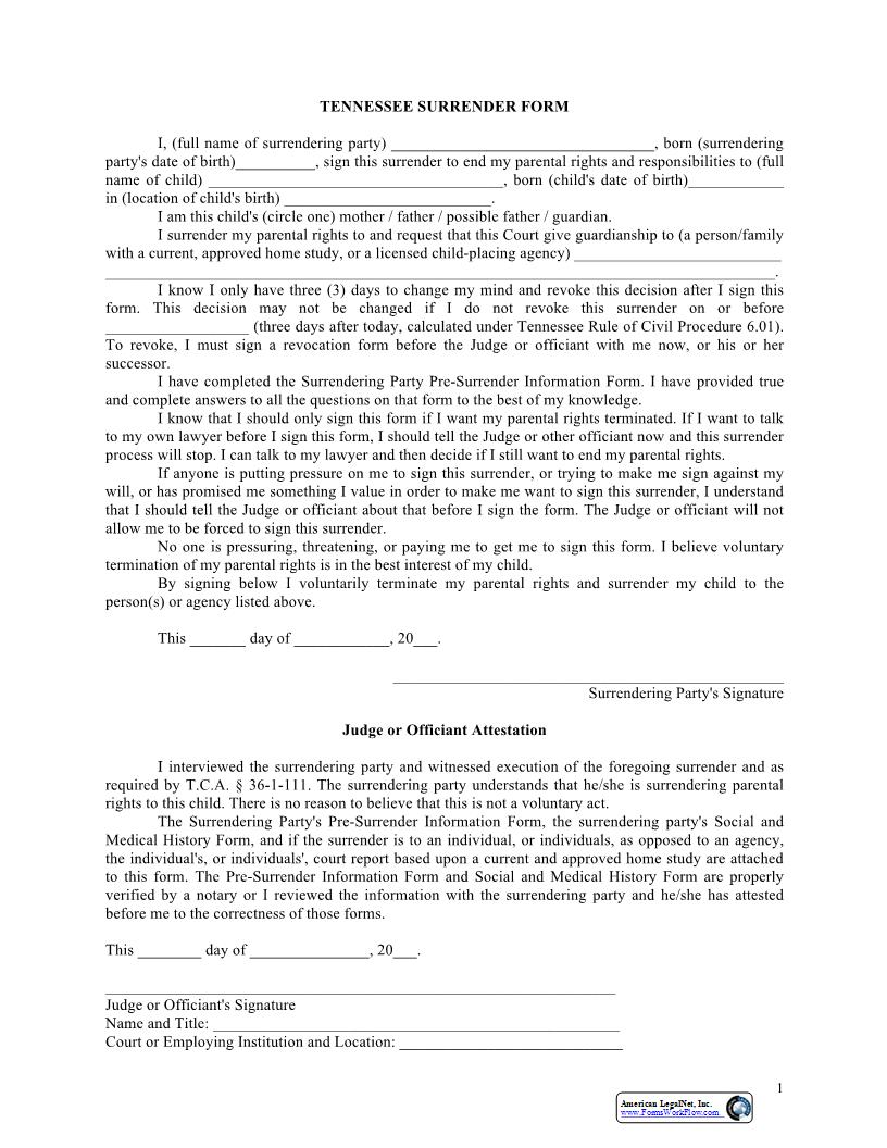 Surrender Form | Pdf Fpdf Docx | Tennessee