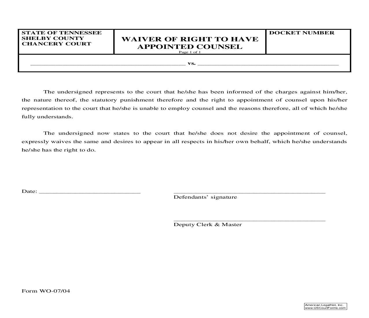 Waiver Of Right To Have Appointed Counsel | Pdf Fpdf Doc Docx | Tennessee