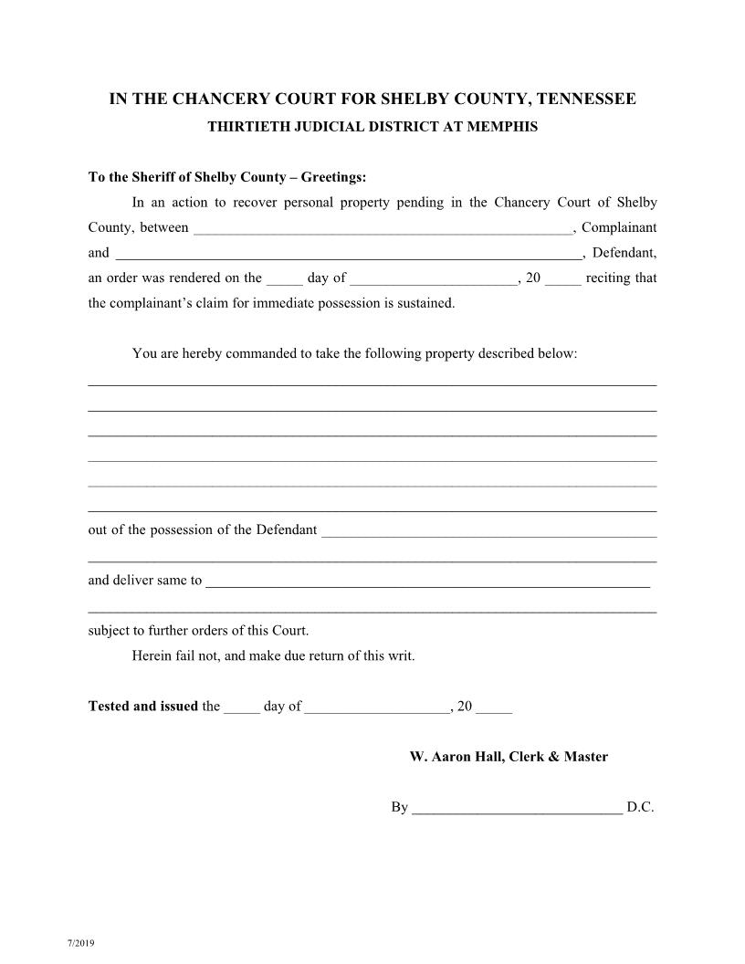 Writ Of Possession - Personal Property | Pdf Fpdf Doc Docx | Tennessee