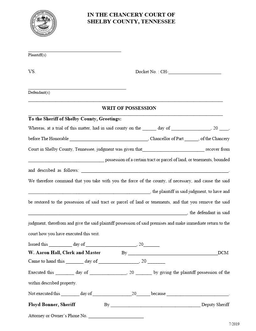 Writ Of Possession - Real Estate | Pdf Fpdf Doc Docx | Tennessee