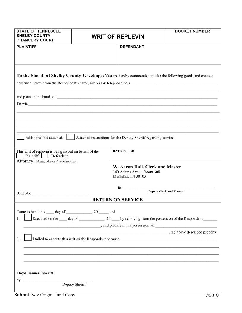 Writ Of Replevin | Pdf Fpdf Doc Docx | Tennessee