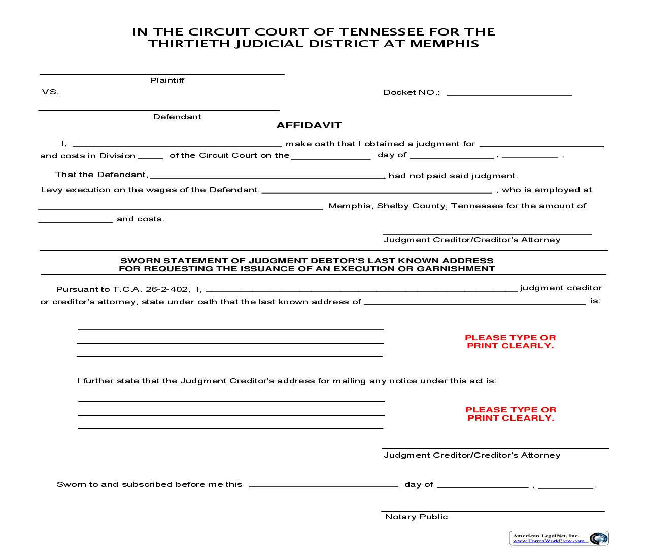 Affidavit To Issue Execution Or Garnishment | Pdf Fpdf Doc Docx | Tennessee