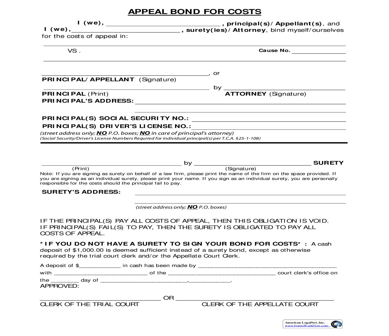 Appeal Bond For Costs | Pdf Fpdf Doc Docx | Tennessee