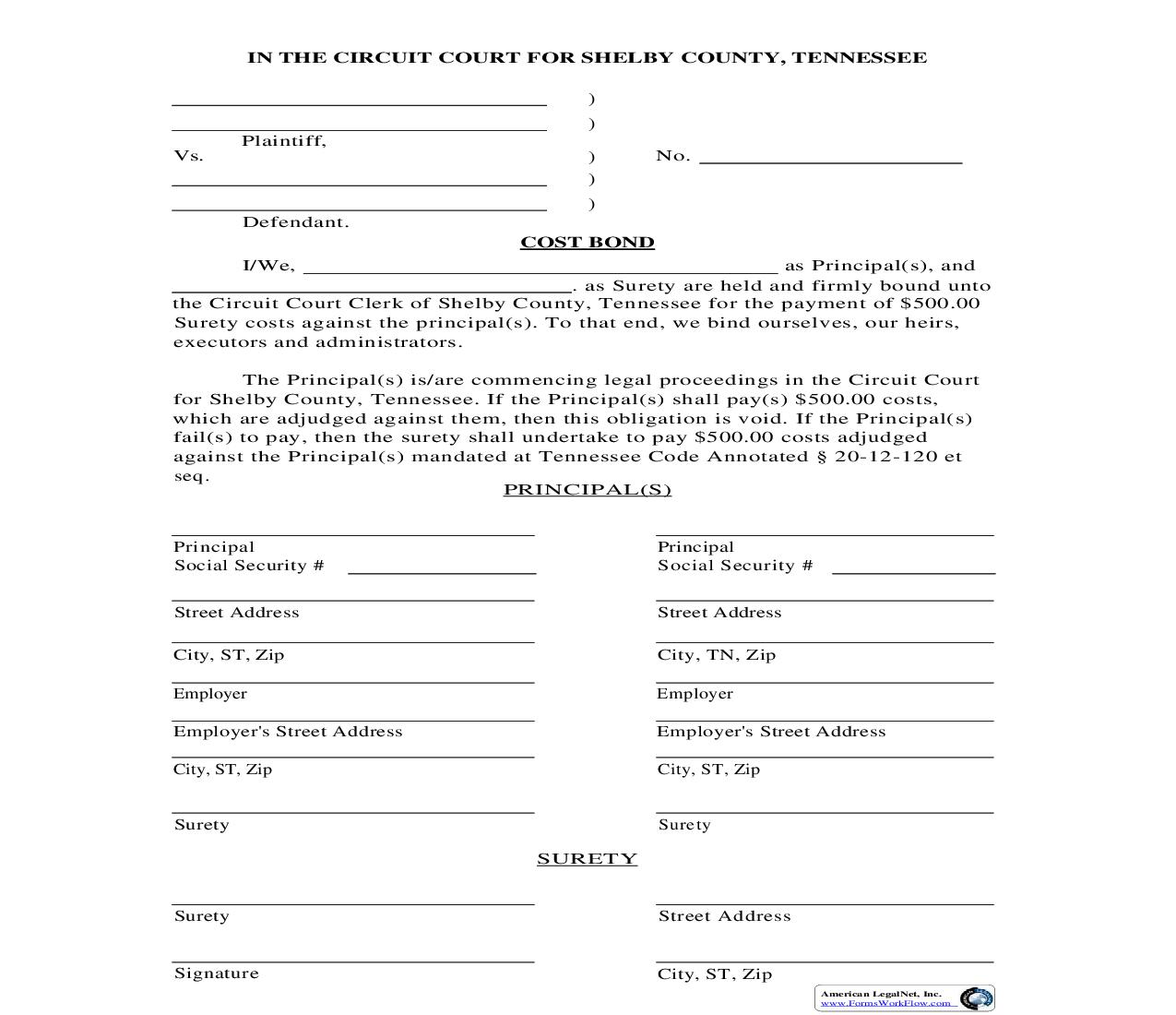 Cost (Surety) Bond | Pdf Fpdf Doc Docx | Tennessee