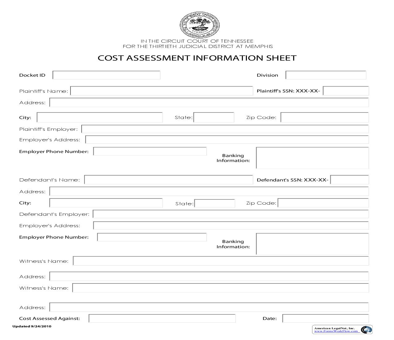 Cost Assessment Information Sheet | Pdf Fpdf Doc Docx | Tennessee