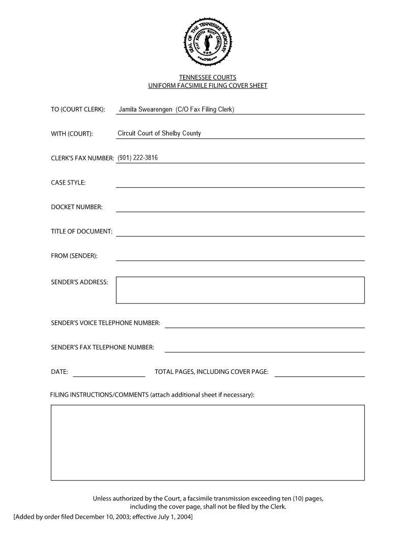 Fax Filing Cover Sheet | Pdf Fpdf Doc Docx | Tennessee