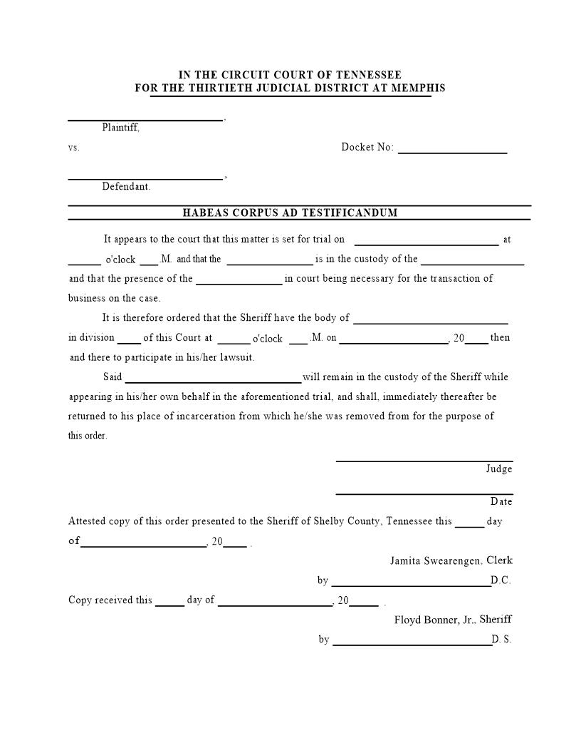 Habeas Corpus Ad Testificandum | Pdf Fpdf Docx | Tennessee