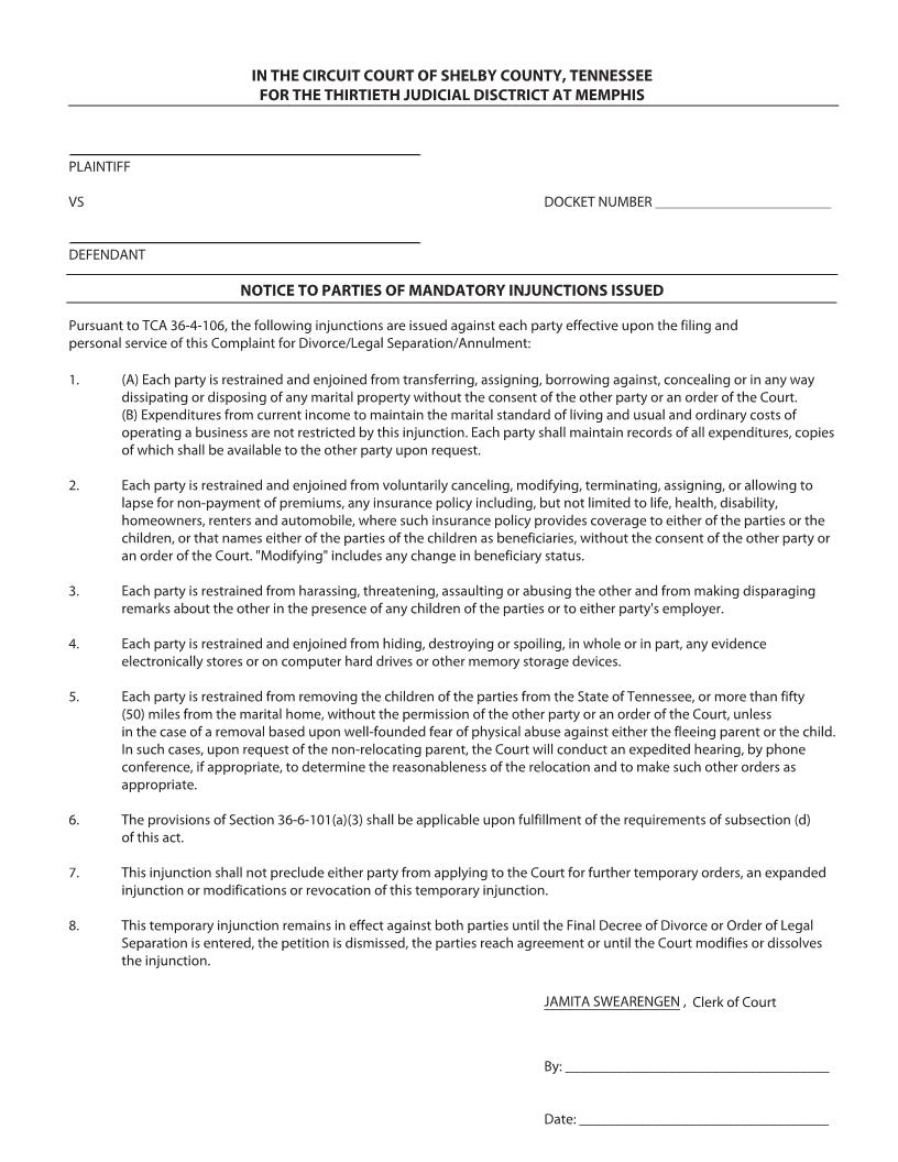 Notice Of Mandatory Injunction | Pdf Fpdf Docx | Tennessee