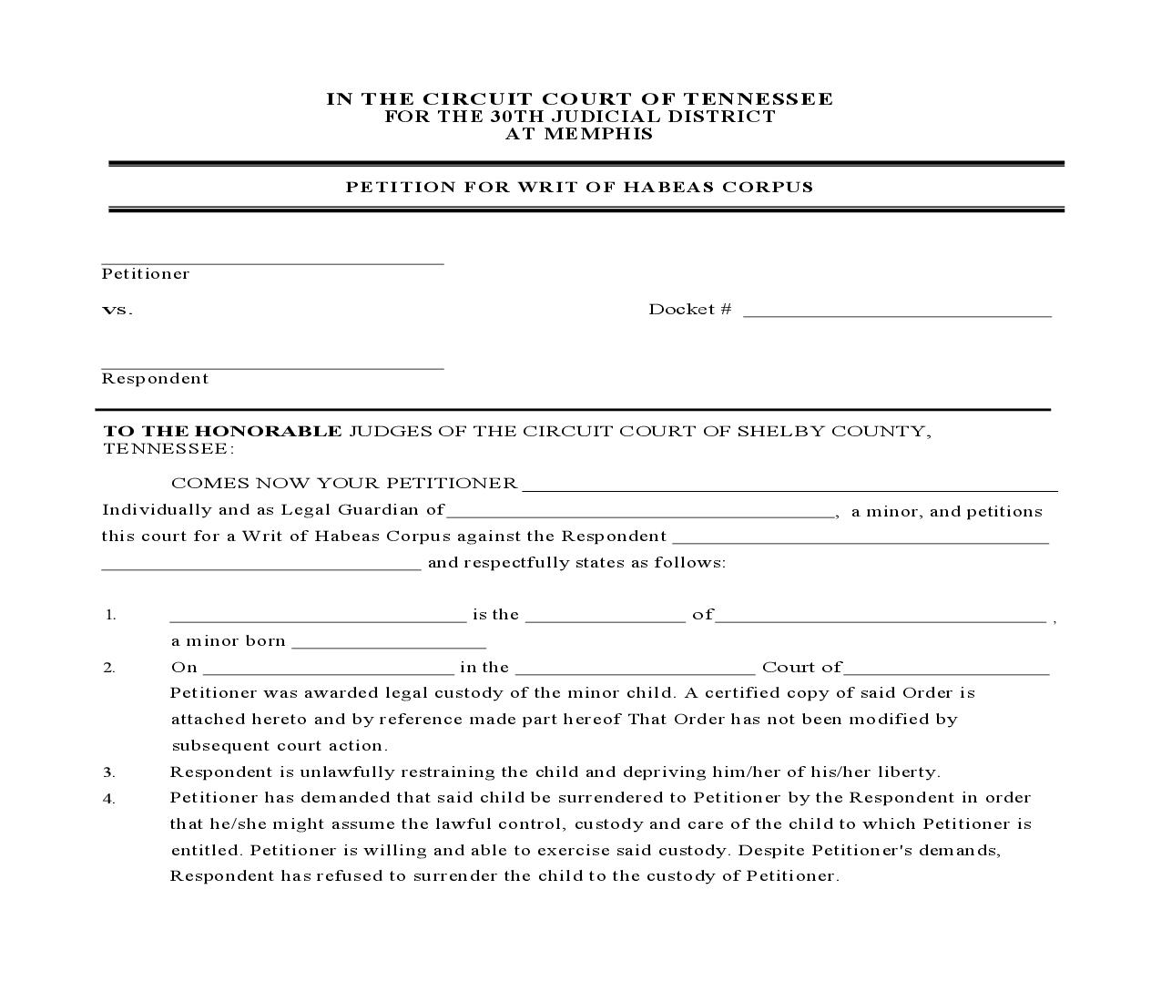 Petition For Writ Of Habeas Corpus | Pdf Fpdf Doc Docx | Tennessee