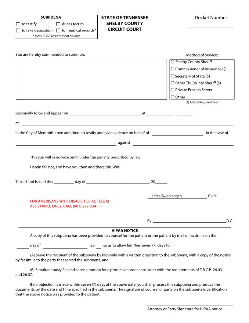 Subpoena | Pdf Fpdf Docx | Tennessee