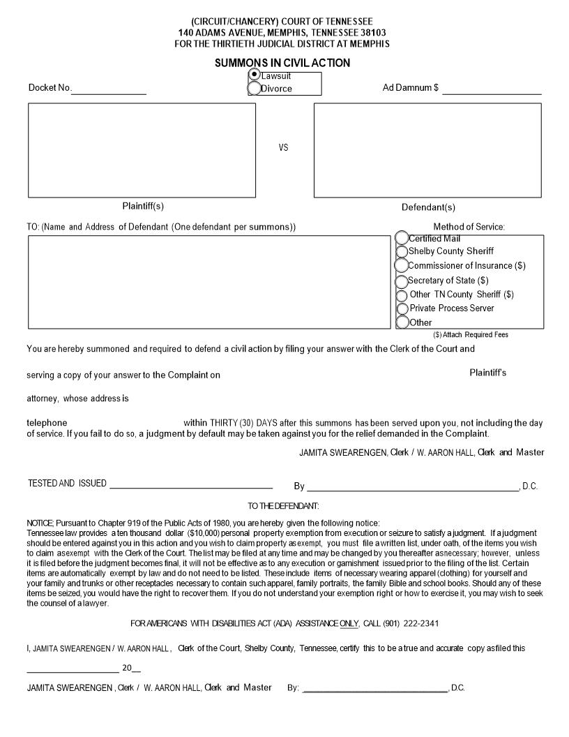 Summons In Civil Action | Pdf Fpdf Docx | Tennessee