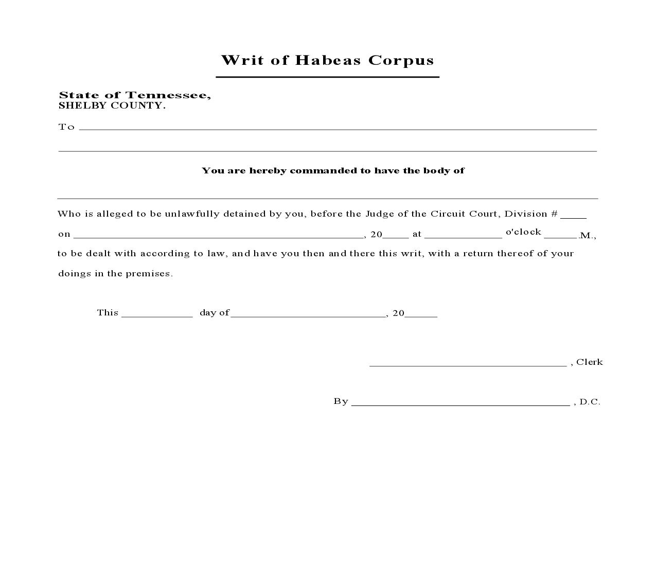 Writ Of Habeas Corpus | Pdf Fpdf Doc Docx | Tennessee