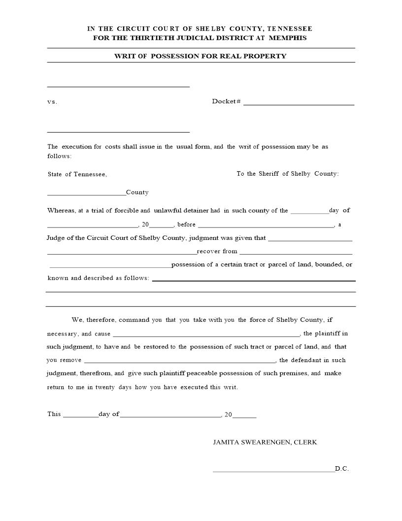 Writ Of Possession For Real Property | Pdf Fpdf Docx | Tennessee