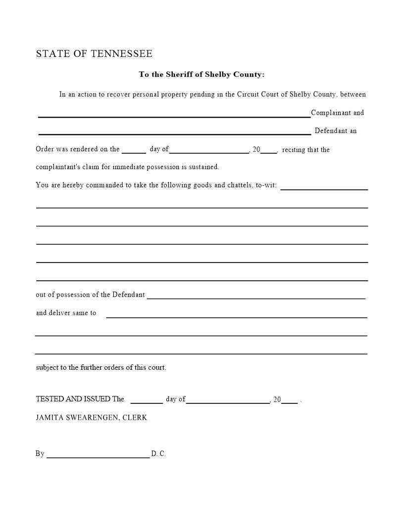 Writ Of Possession | Pdf Fpdf Docx | Tennessee