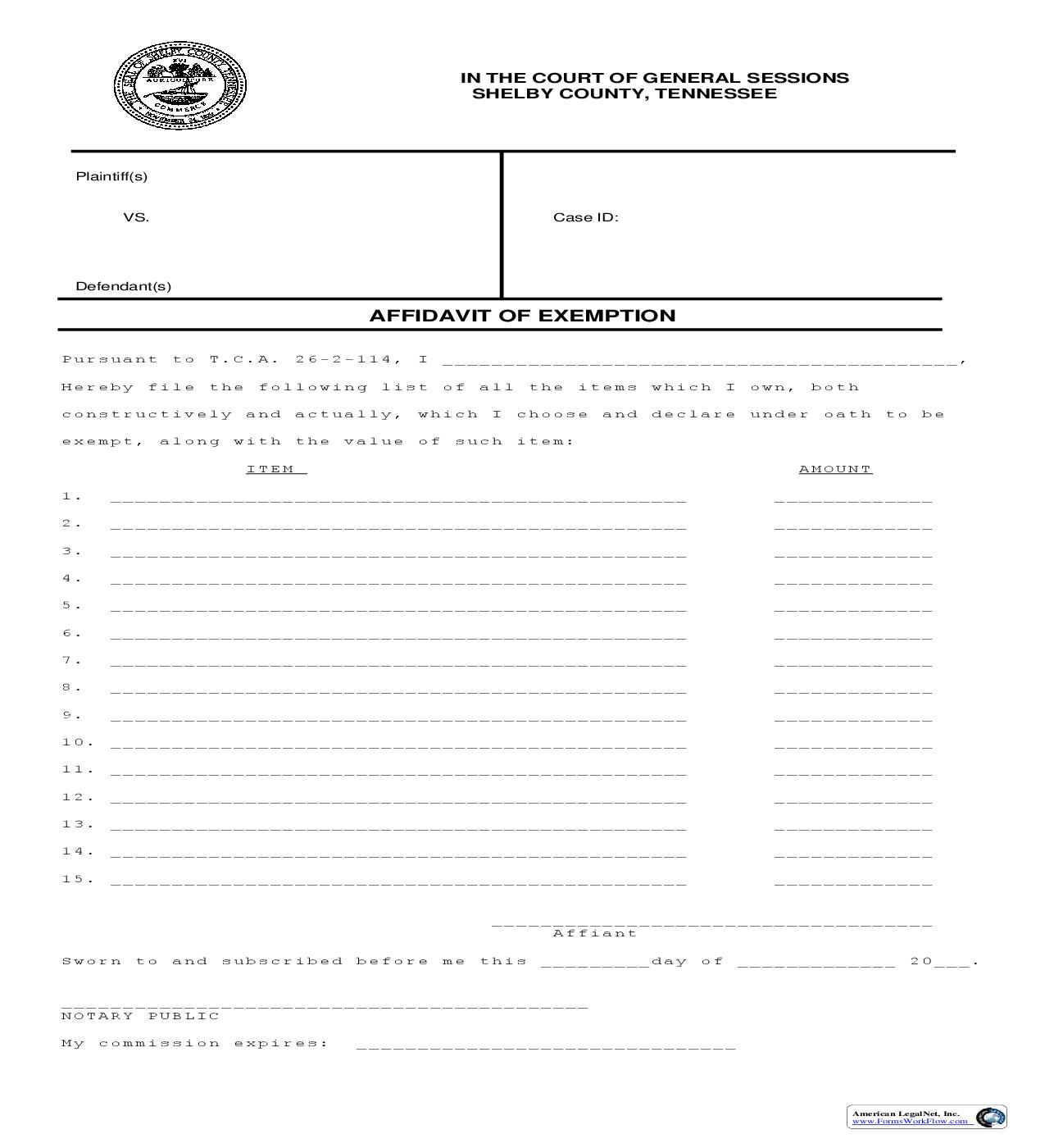 Affidavit Of Exemption {CV 4332} | Pdf Fpdf Doc Docx | Tennessee