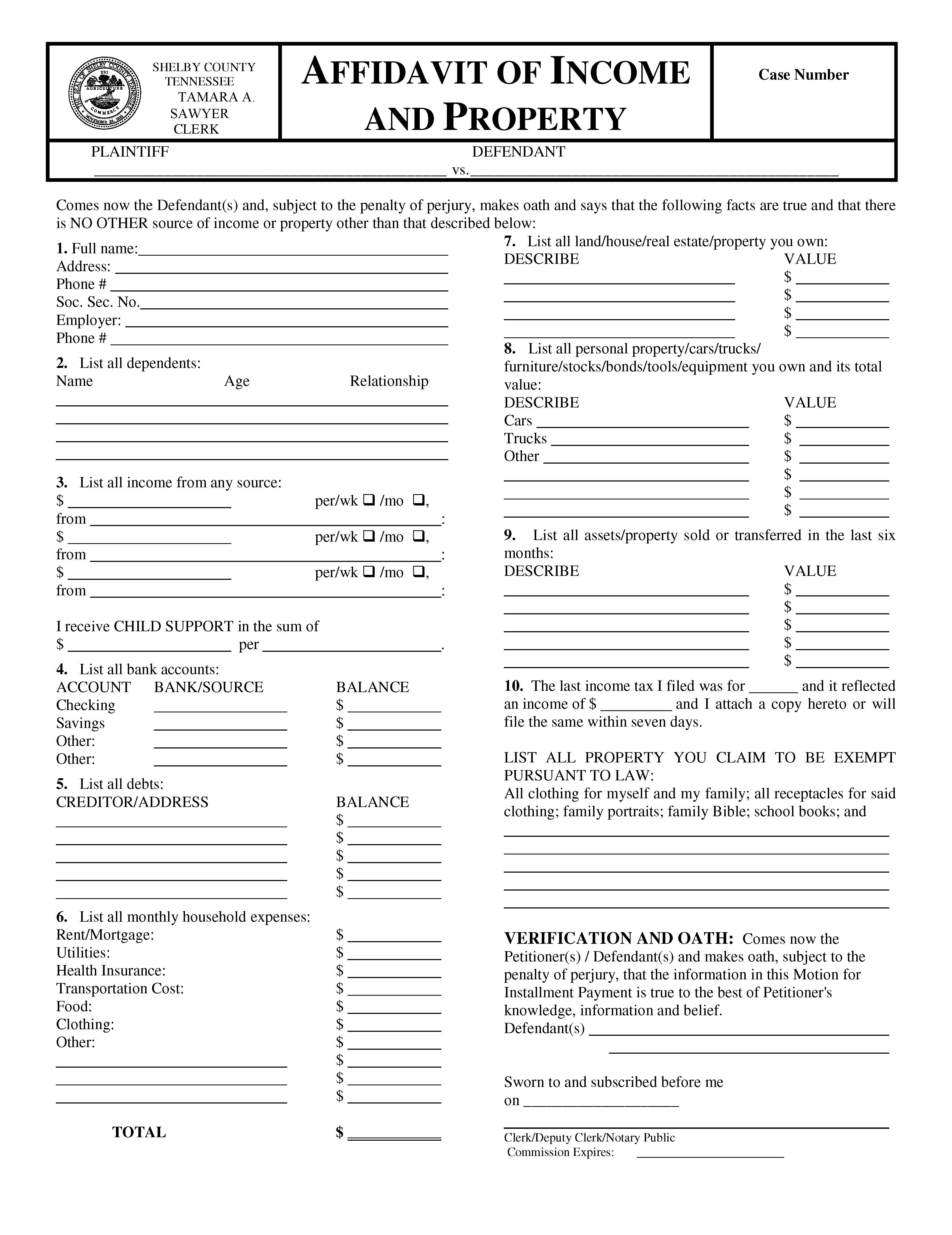 Affidavit Of Income And Property {CV 4610} | Pdf Fpdf Doc Docx | Tennessee