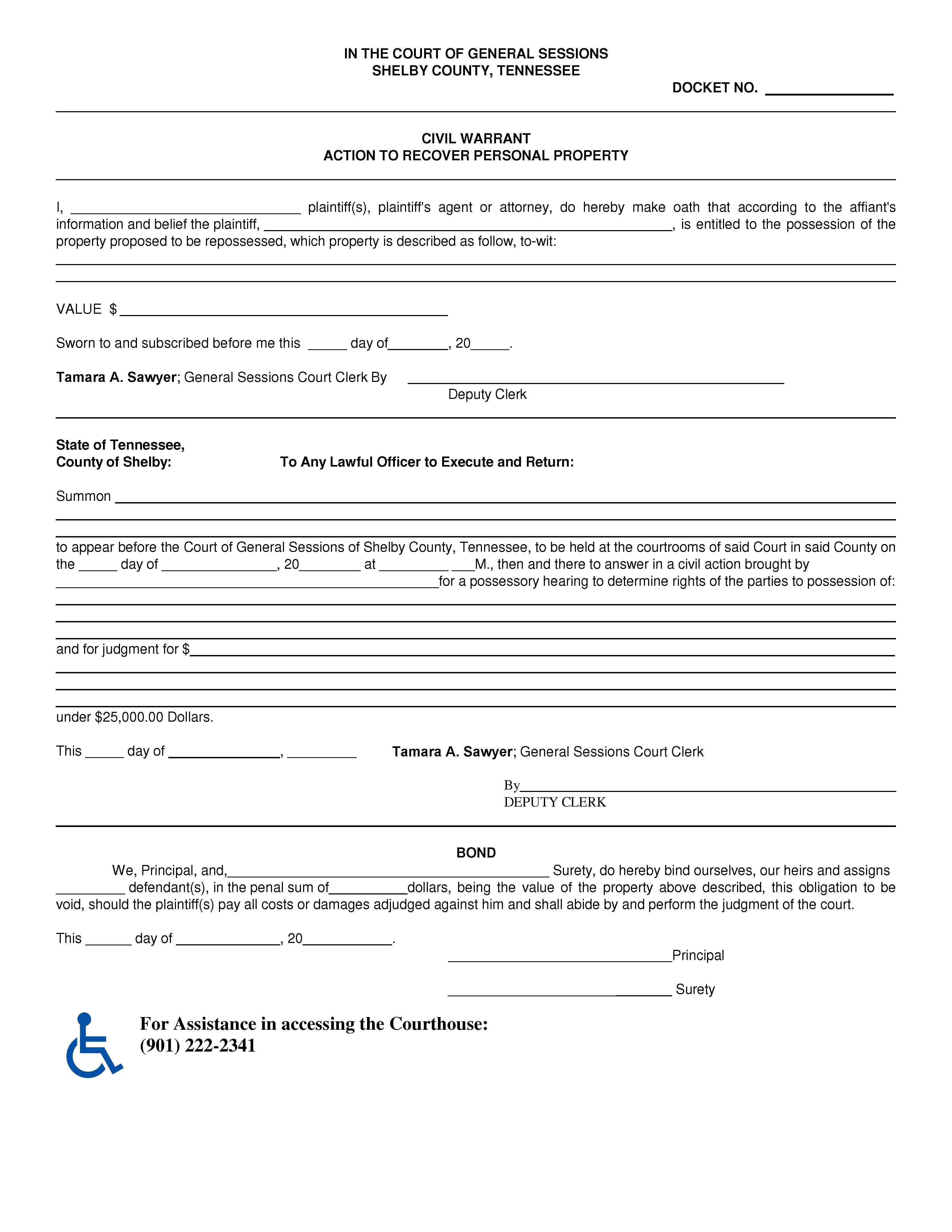 Civil Warrant Action To Recover Personal Property {CV 9401} | Pdf Fpdf Doc Docx | Tennessee