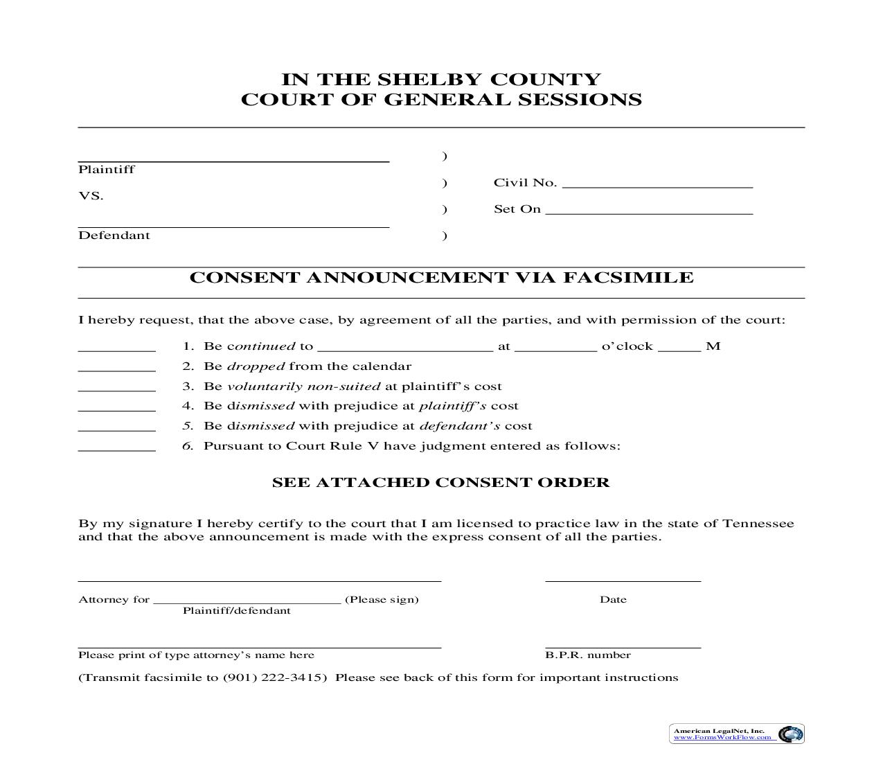 Consent Announcement Via Facsimile | Pdf Fpdf Doc Docx | Tennessee