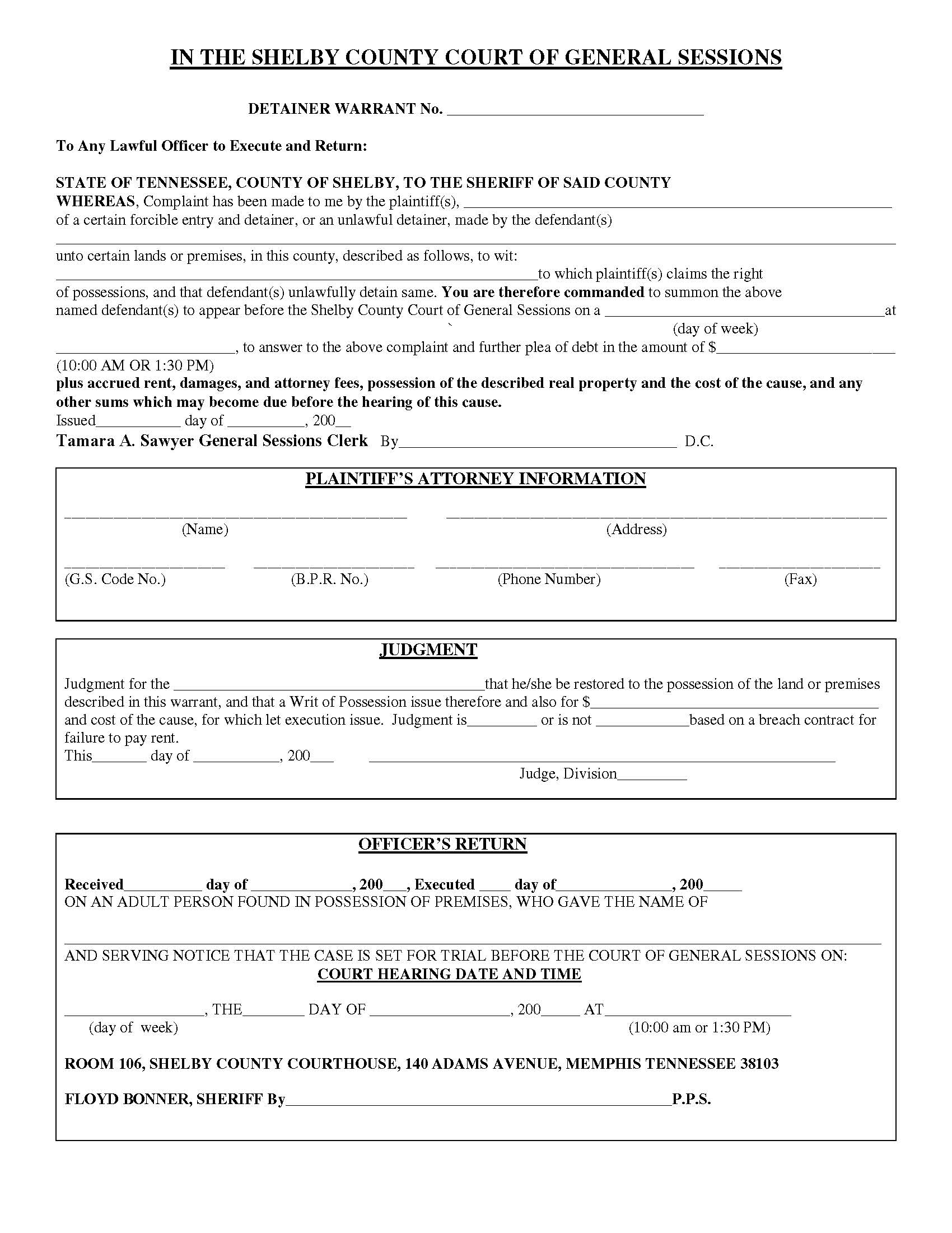 Forcible Entry And Detainer Warrant | Pdf Fpdf Docx | Tennessee