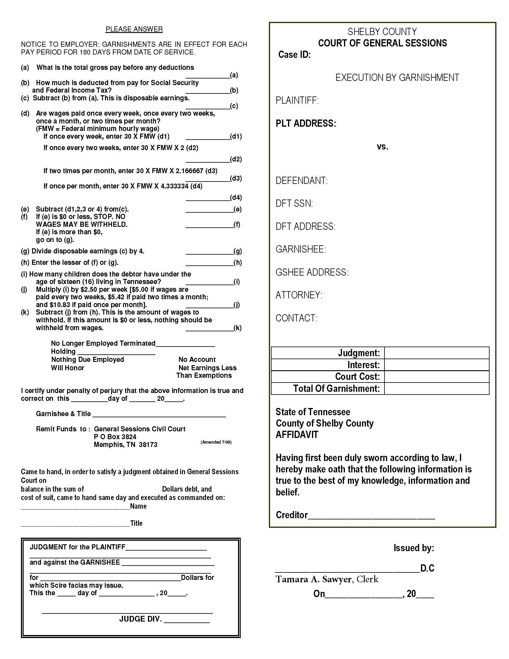 Garnishment {CV 6124} | Pdf Fpdf Doc Docx | Tennessee