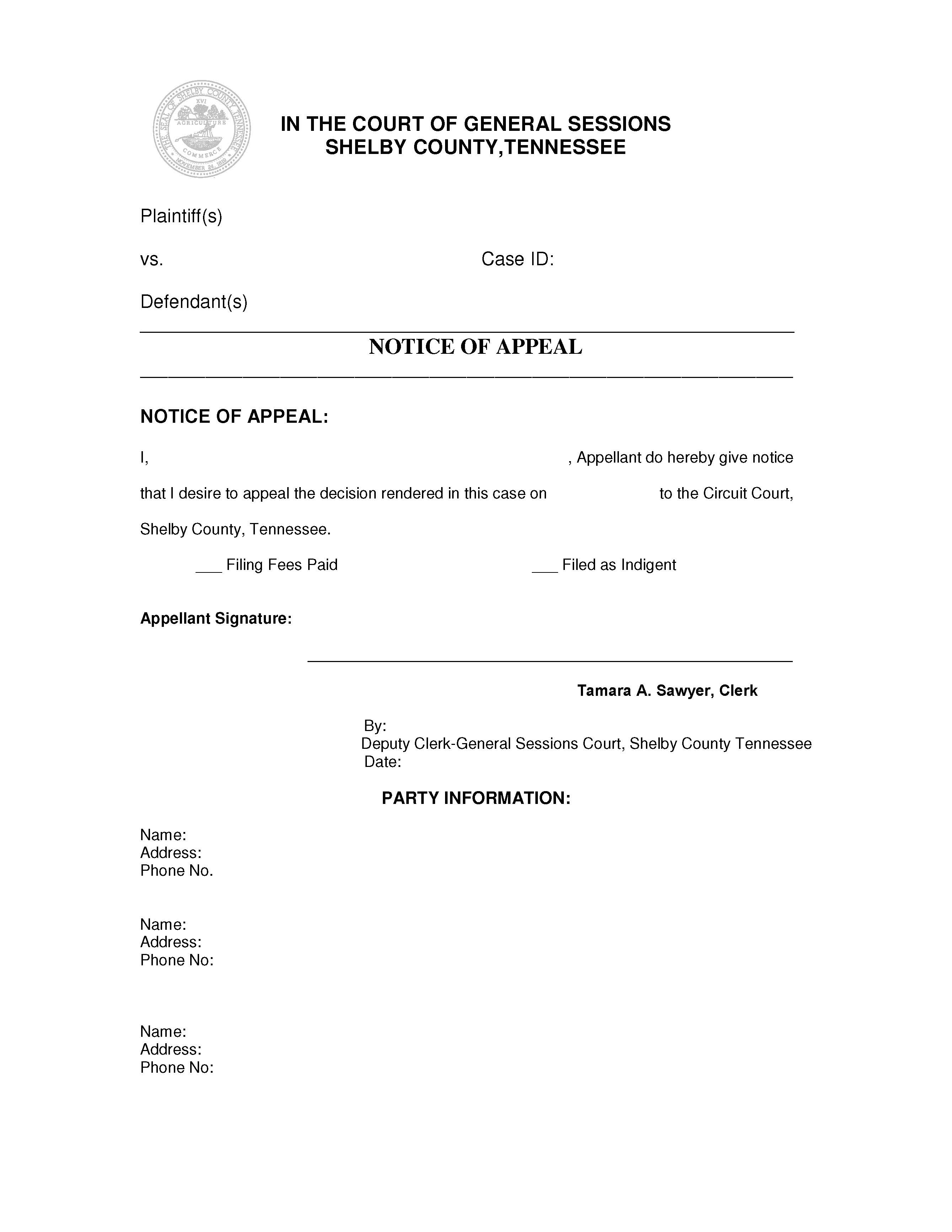 Notice Of Appeal {CV 2109} | Pdf Fpdf Doc Docx | Tennessee