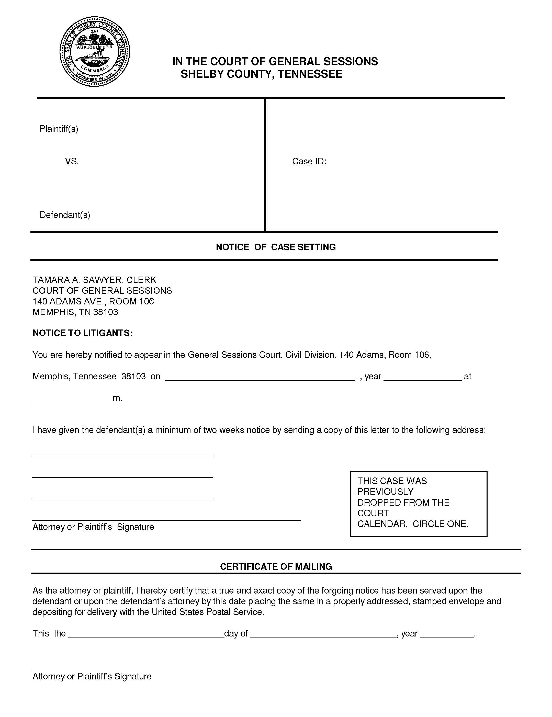 Notice Of Case Setting {CV 6547} | Pdf Fpdf Doc Docx | Tennessee