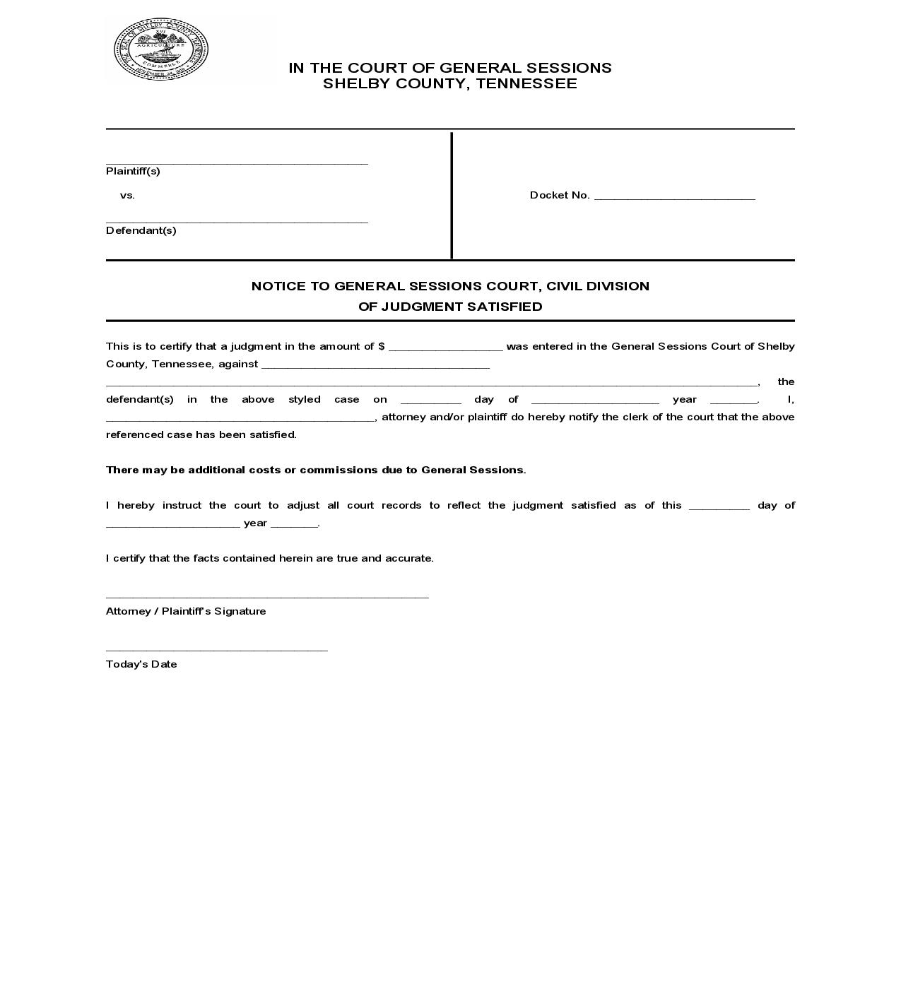 Notice To General Sessions Court Civil Division Of Judgment Satisfied | Pdf Fpdf Doc Docx | Tennessee