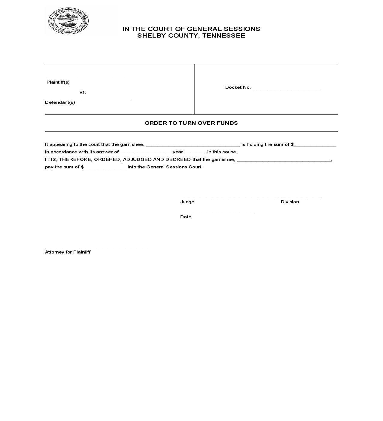 Order To Turn Over Funds | Pdf Fpdf Doc Docx | Tennessee
