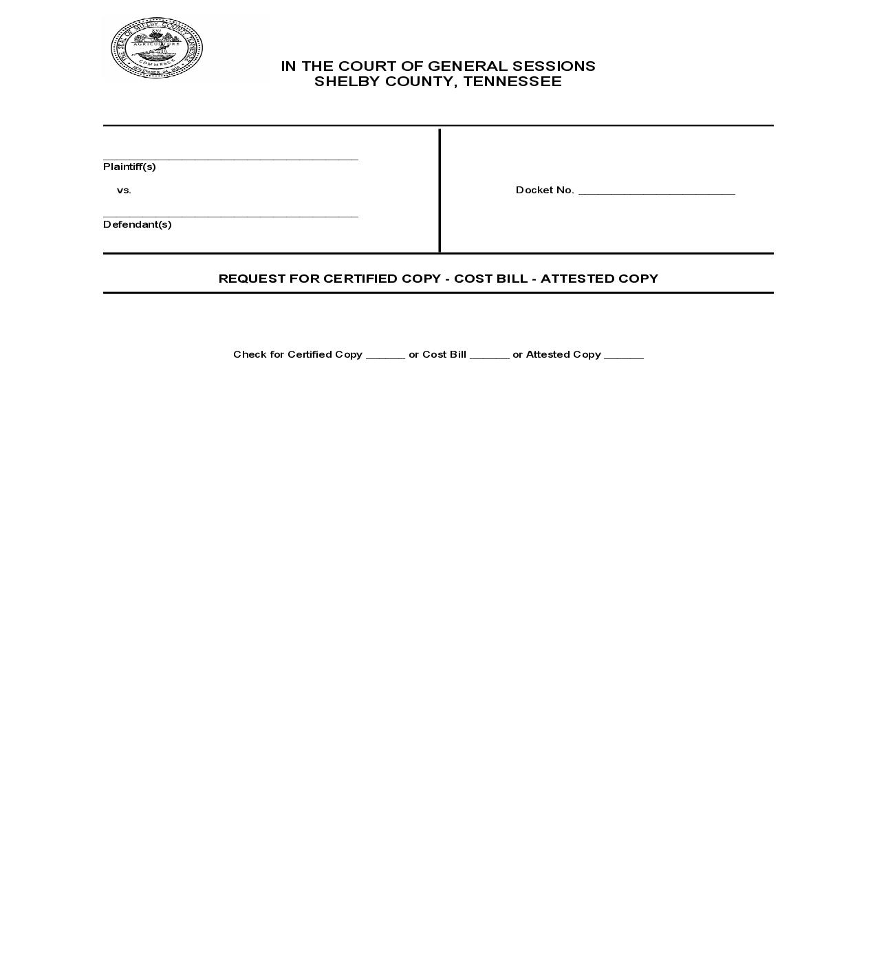 Request For Certified Copy - Cost Bill - Attested Copy | Pdf Fpdf Doc Docx | Tennessee