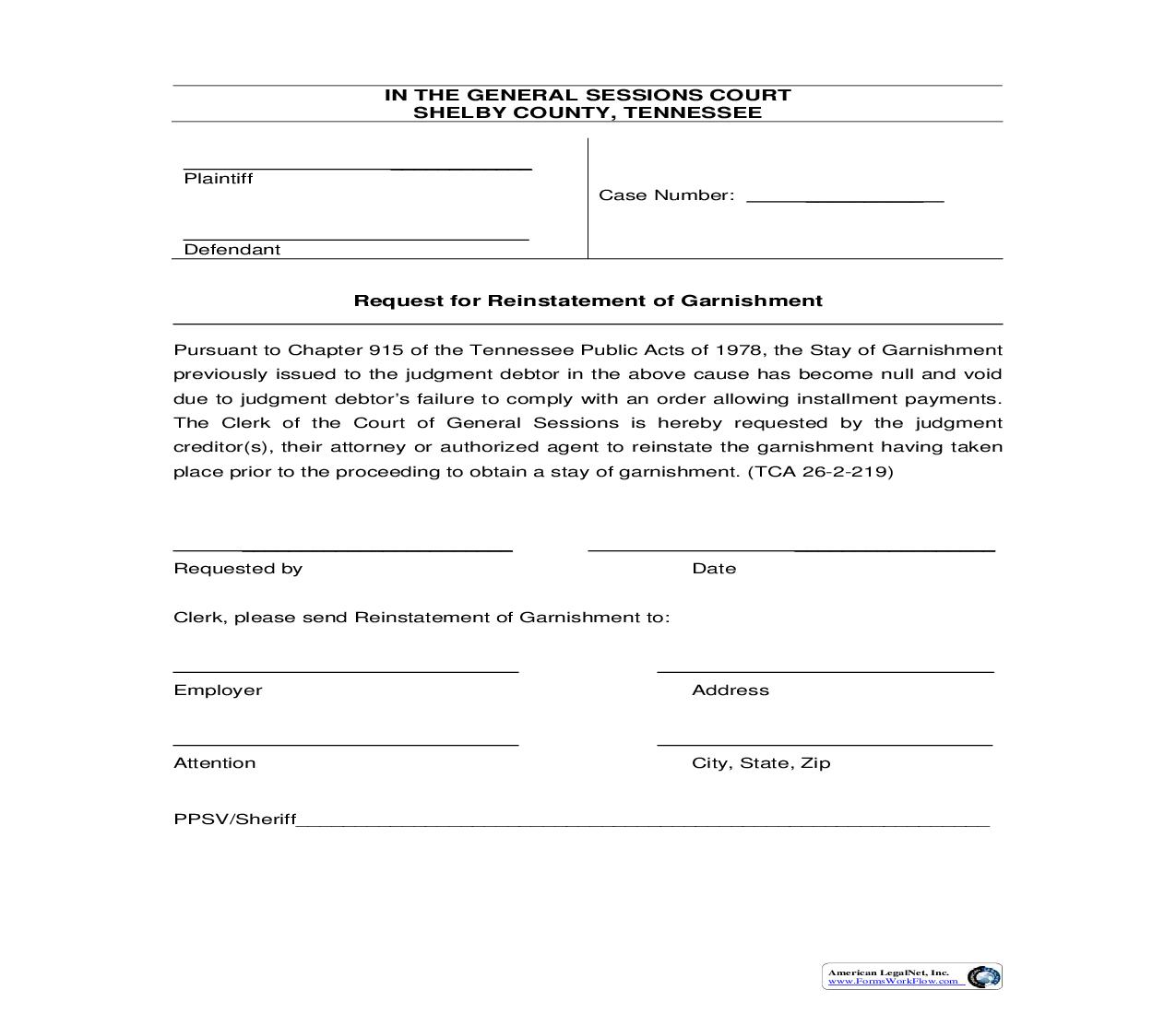 Request For Reinstatement Of Garnishment | Pdf Fpdf Doc Docx | Tennessee