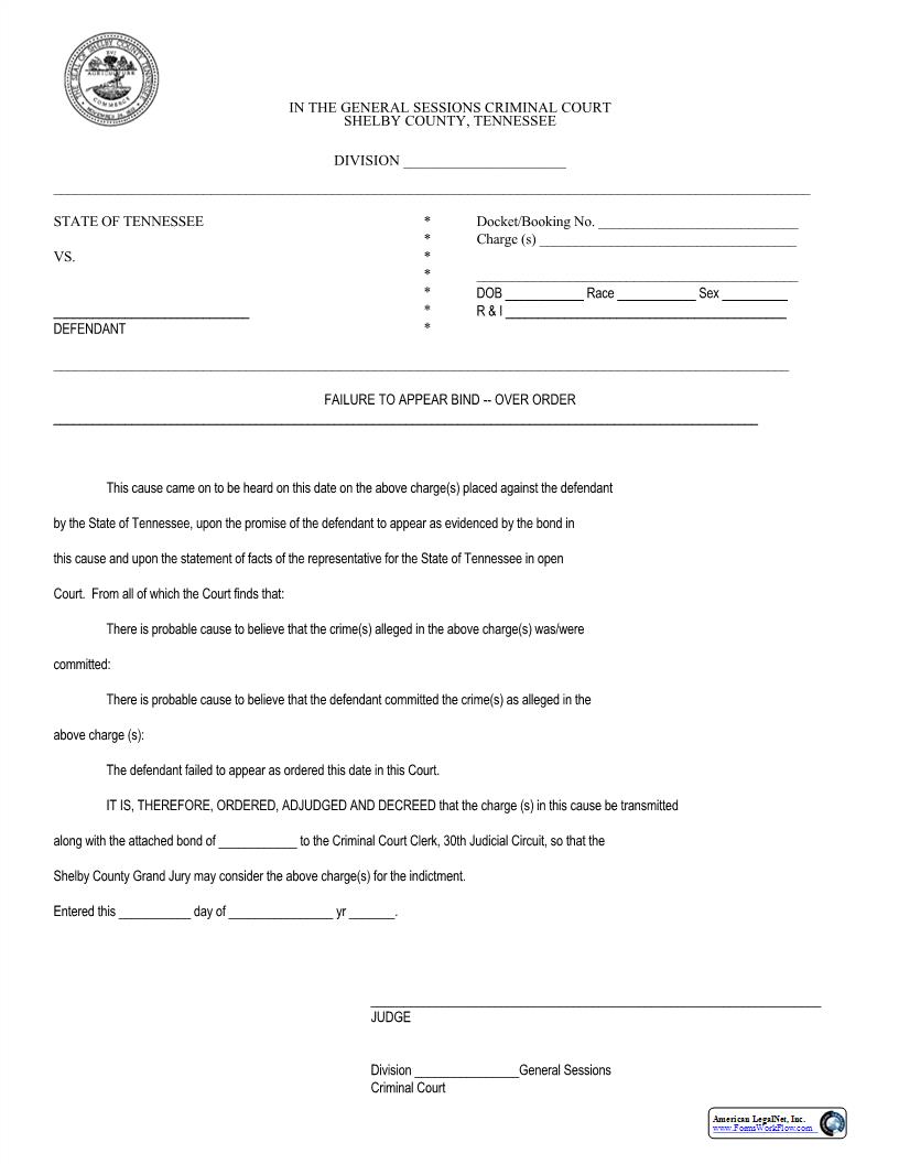 Failure To Appear Bind Over Order | Pdf Fpdf Docx | Tennessee