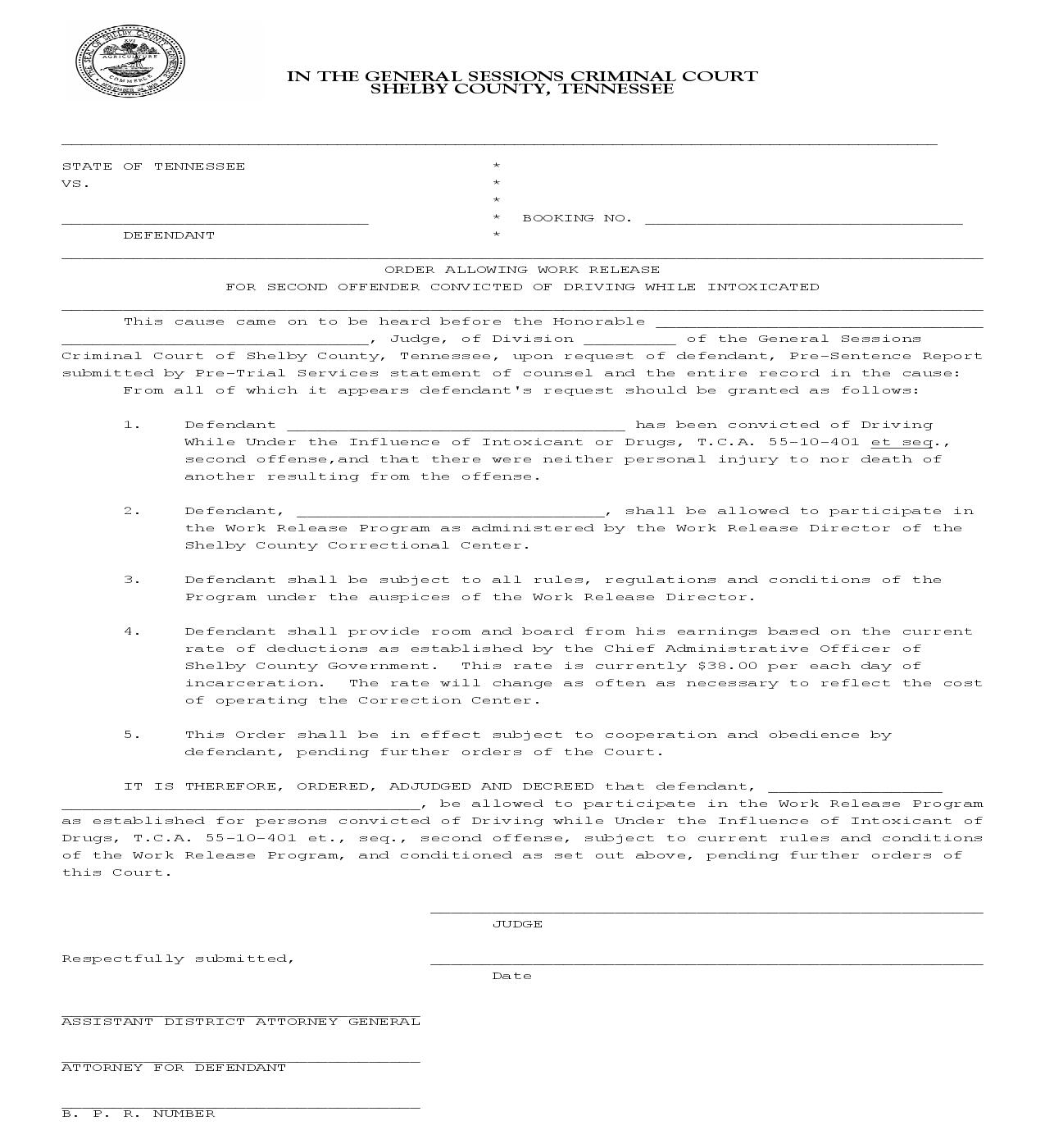 Order Allowing Work Release For Second Offender Convicted Of Driving While Intoxicated | Pdf Fpdf Doc Docx | Tennessee