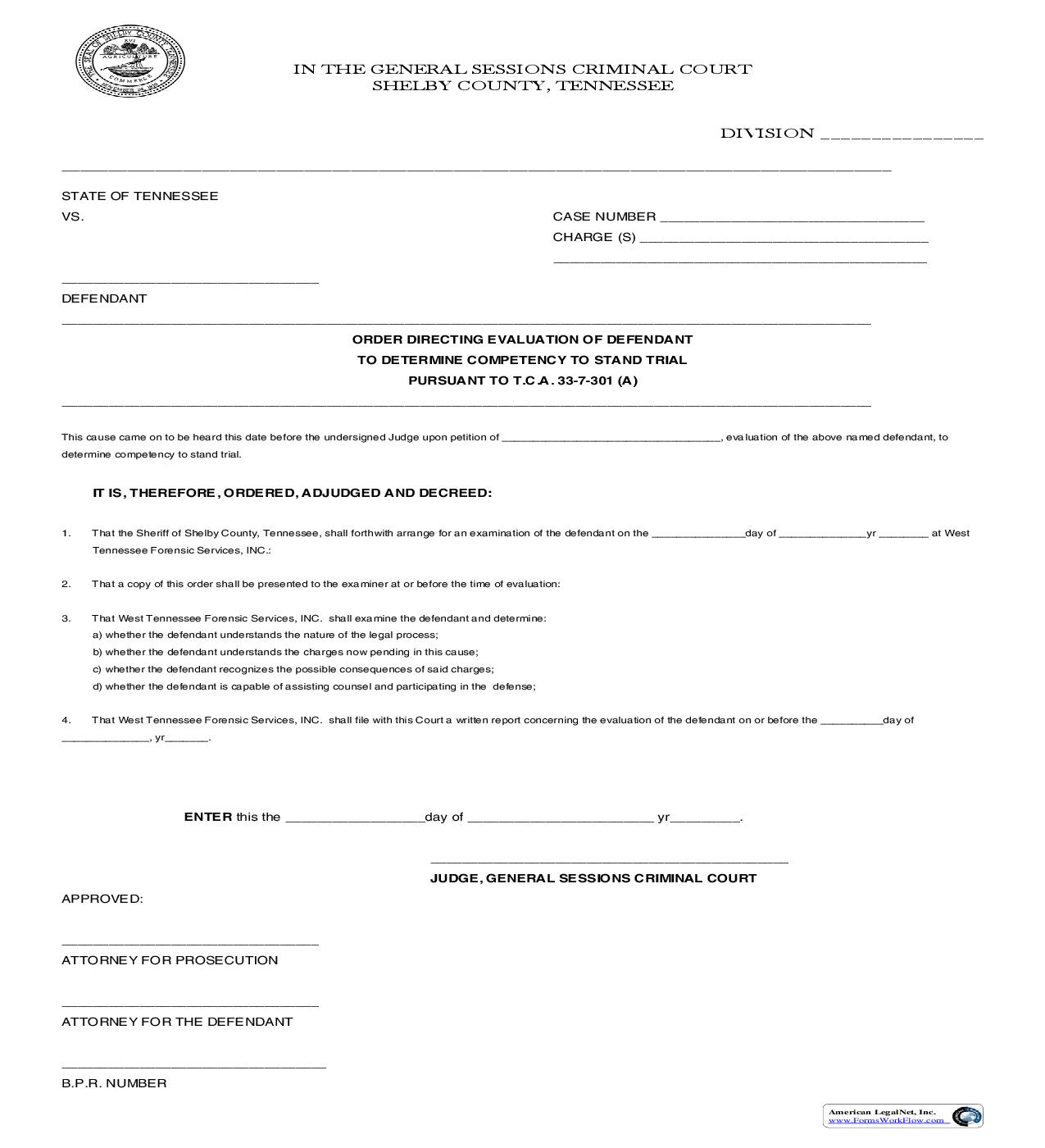 Order Directing Evaluation Of Defendant To Determine Competency {CR 7933} | Pdf Fpdf Doc Docx | Tennessee