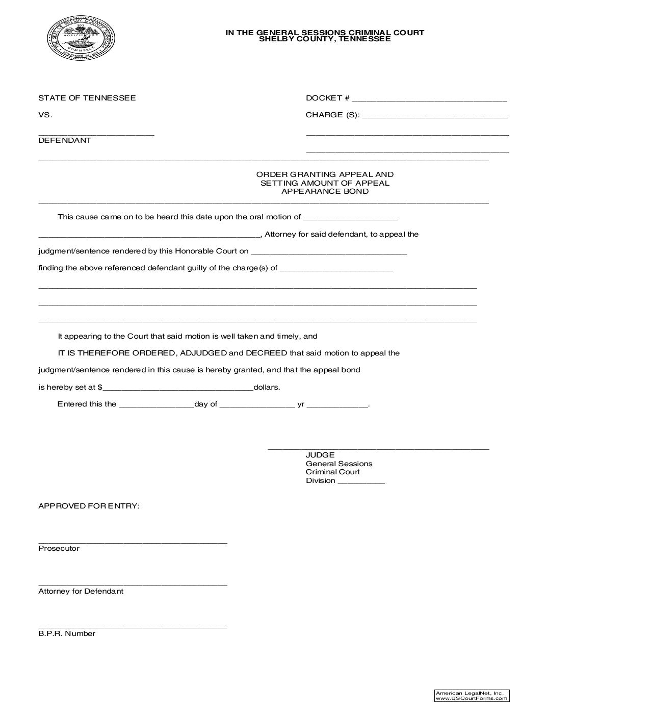 Order Granting Appeal And Setting Amount Of Appeal Appearance Bond | Pdf Fpdf Doc Docx | Tennessee