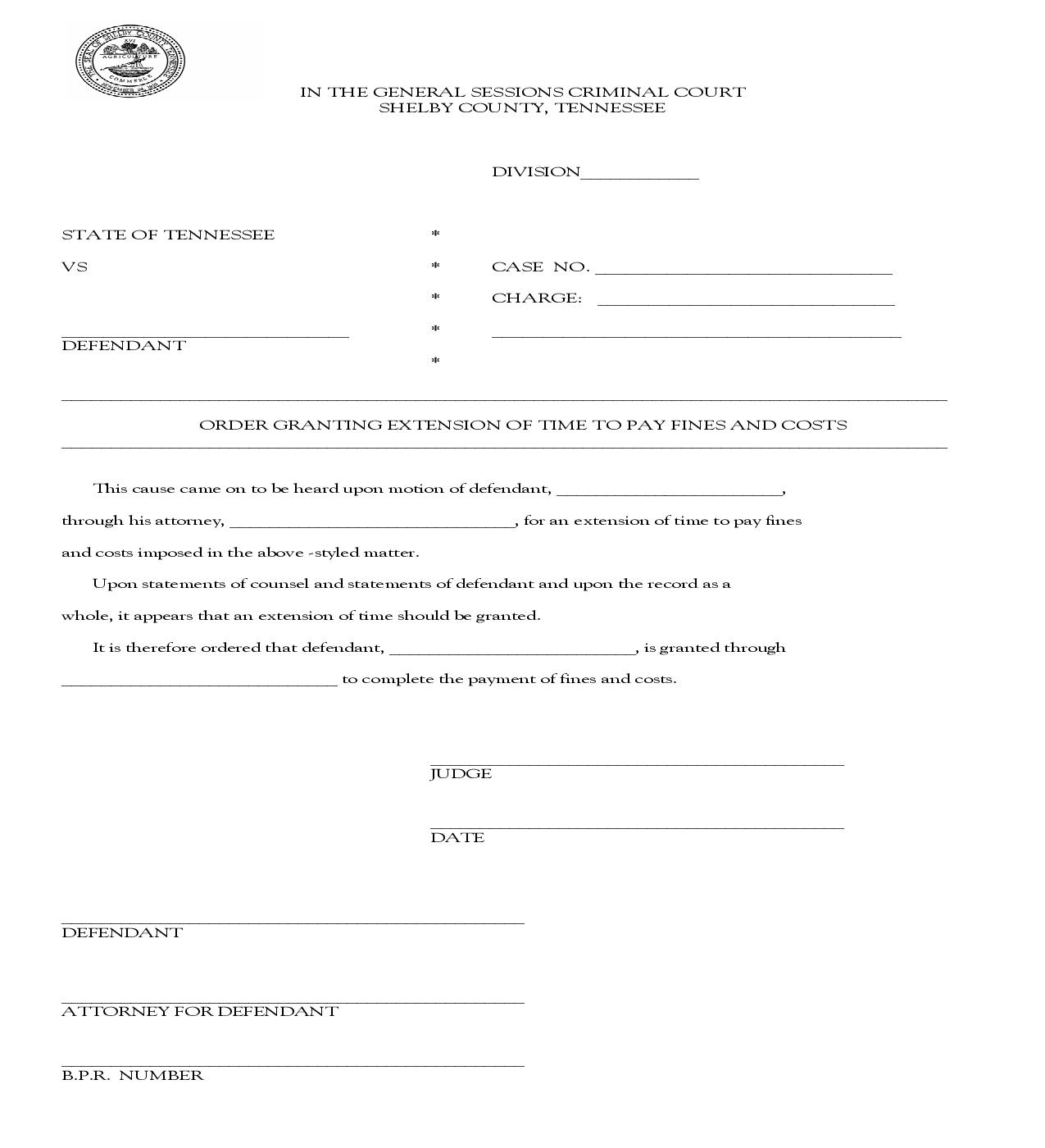 Order Granting Extension Of Time To Pay Fines And Costs | Pdf Fpdf Doc Docx | Tennessee