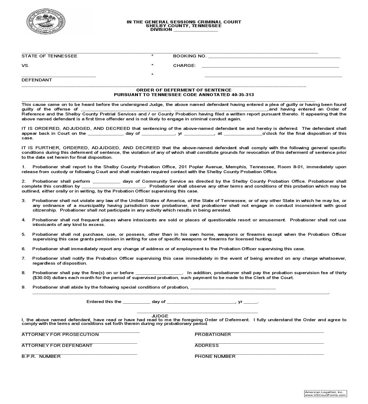 Order Of Deferment Of Sentence Pursuant To Tennessee Code Annotated 40-35-313 | Pdf Fpdf Doc Docx | Tennessee