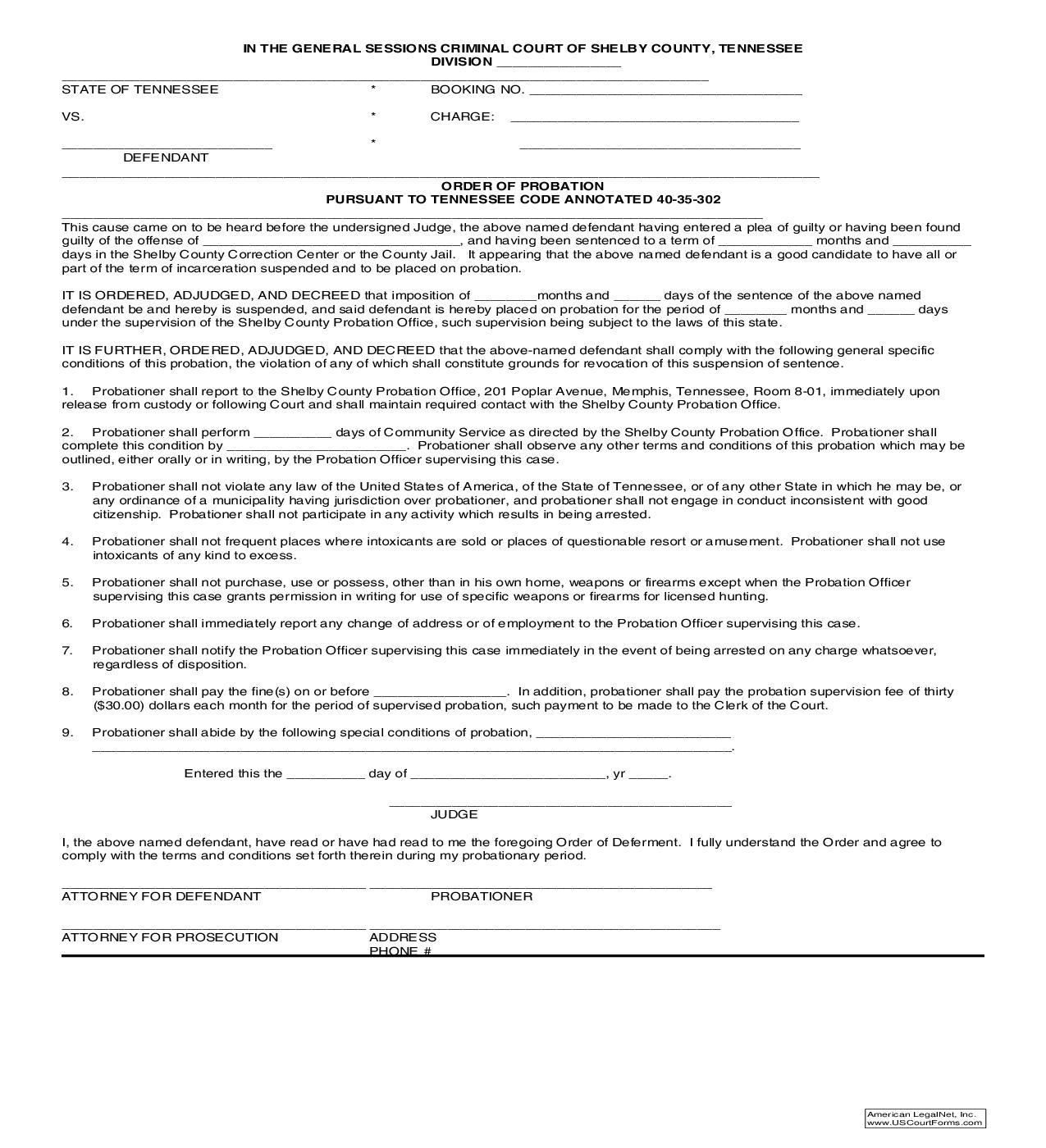 Order Of Probation Pursuant To Tennessee Code Annotated 40-35-302 | Pdf Fpdf Doc Docx | Tennessee