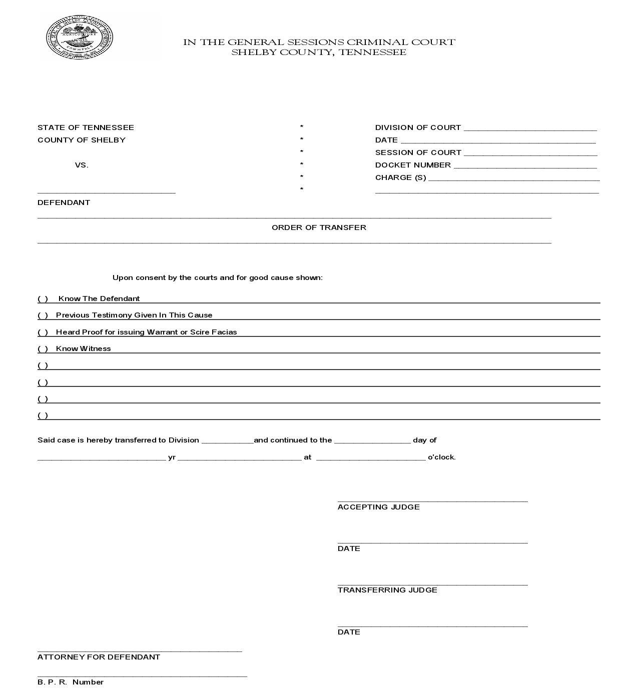 Order Of Transfer | Pdf Fpdf Doc Docx | Tennessee