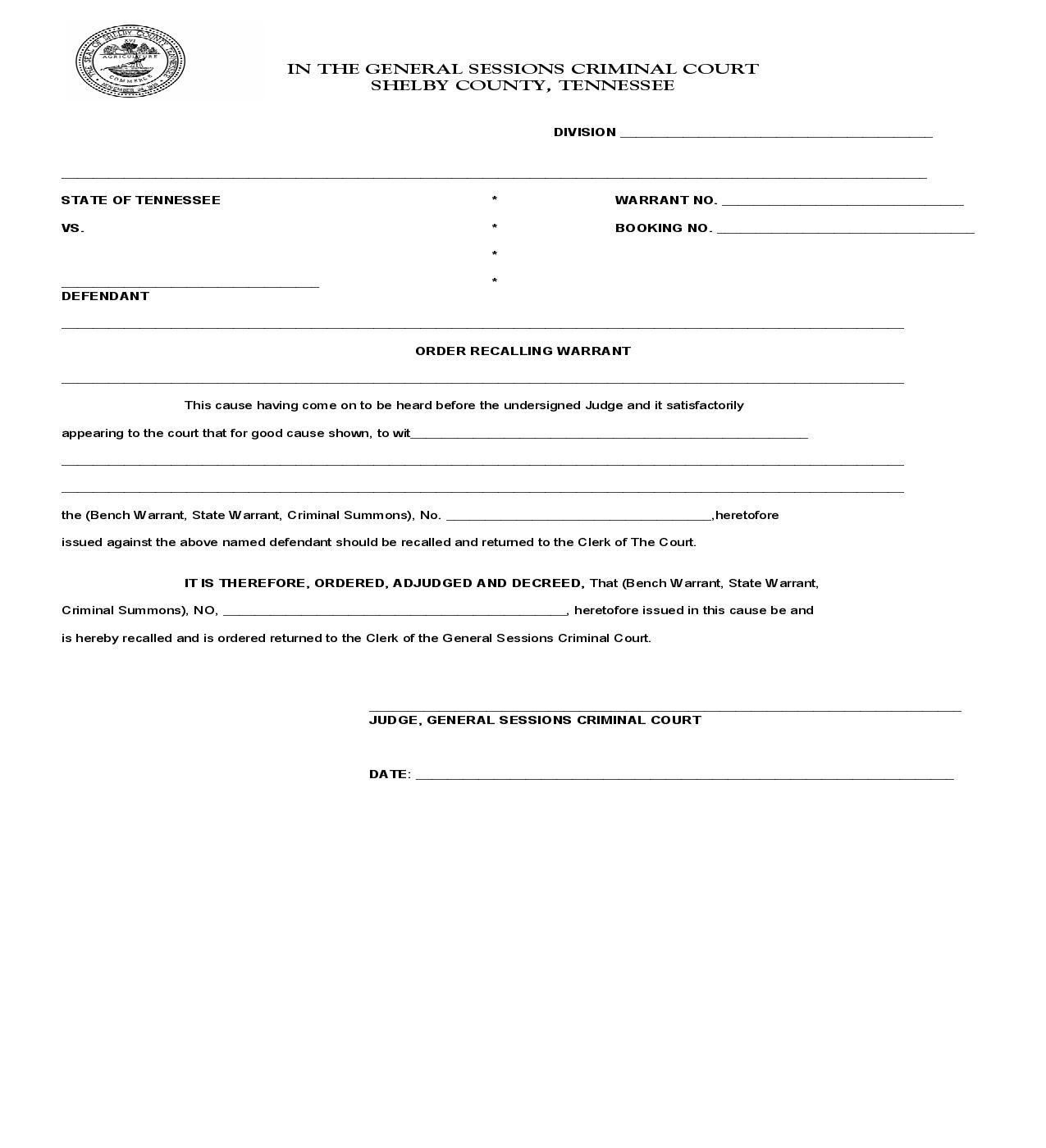 Order Recalling Warrant | Pdf Fpdf Doc Docx | Tennessee