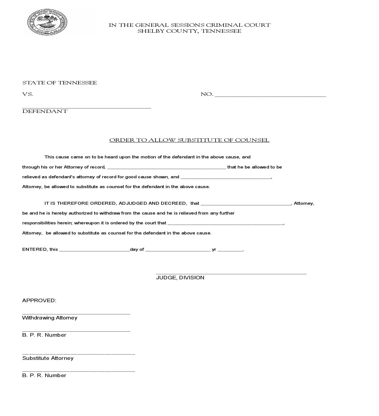 Order To Allow Substitute Counsel | Pdf Fpdf Doc Docx | Tennessee