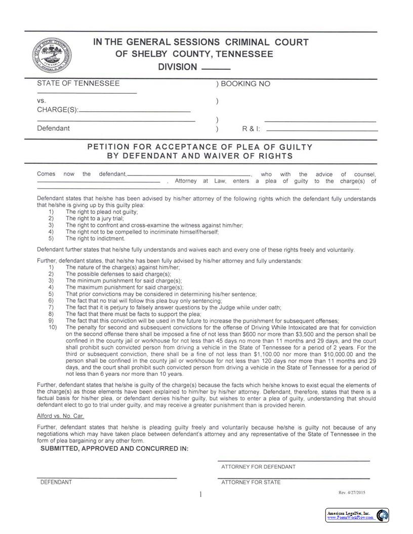 Petition For Acceptance Of Plea Of Guilty By Defendant And Waiver Or Rights {CR 7222} | Pdf Fpdf Docx | Tennessee