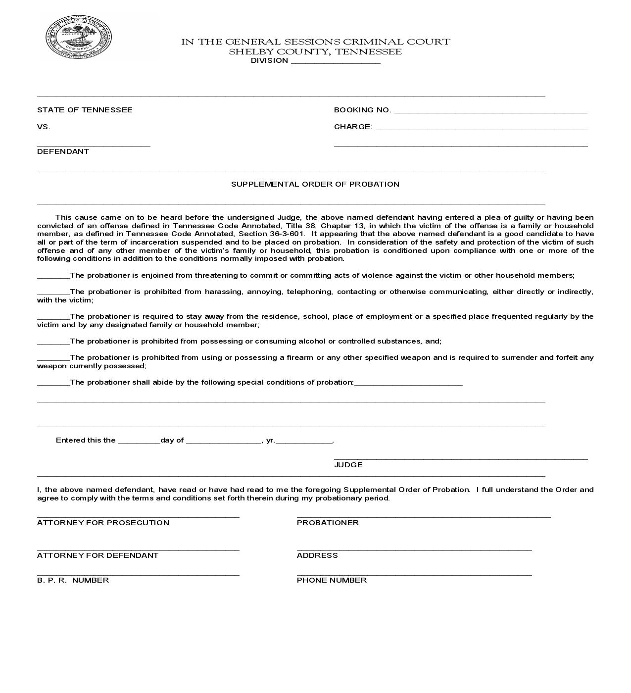 Supplemental Order Of Probation | Pdf Fpdf Doc Docx | Tennessee