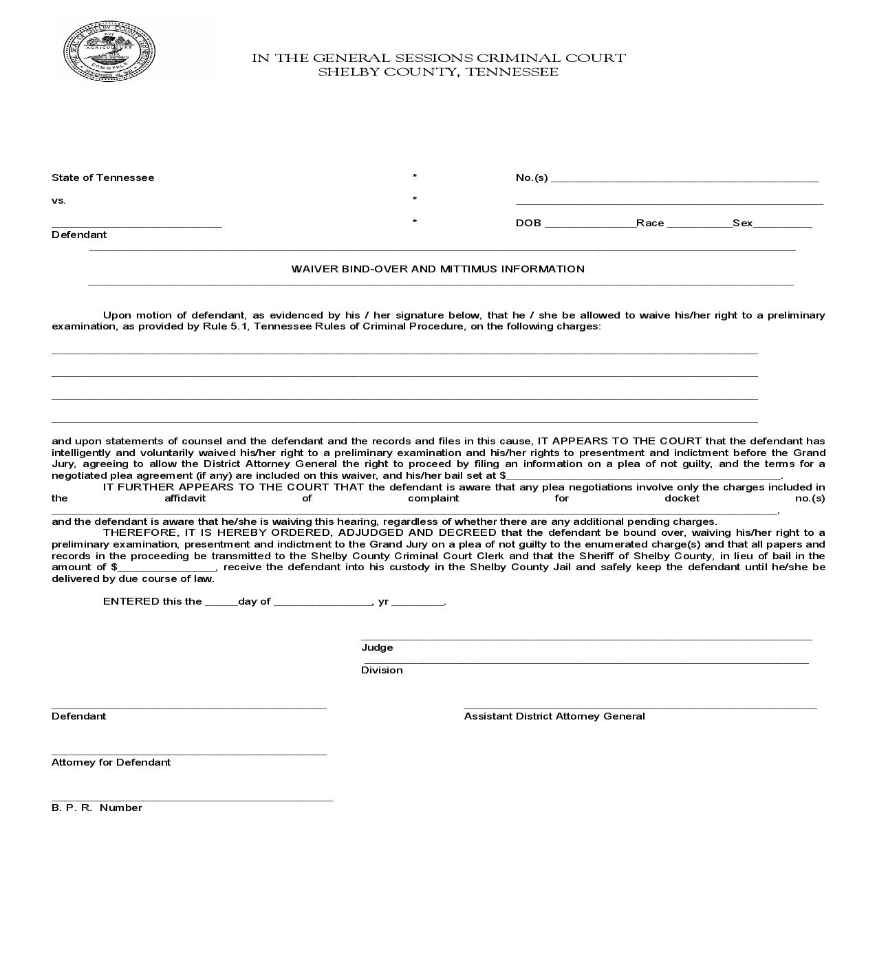 Waiver Bind Over And Mittimus Information | Pdf Fpdf Doc Docx | Tennessee
