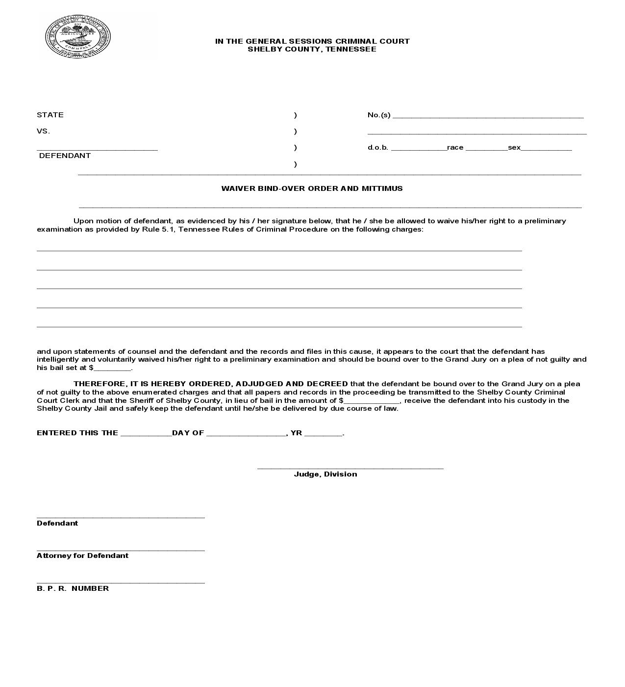 Waiver Bind Over Order And Mittimus | Pdf Fpdf Doc Docx | Tennessee