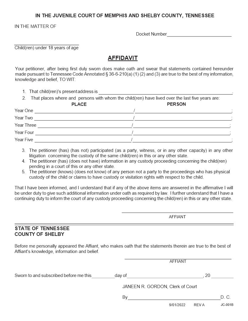 Affidavit By Affiant {JC-001B} | Pdf Fpdf Docx | Tennessee