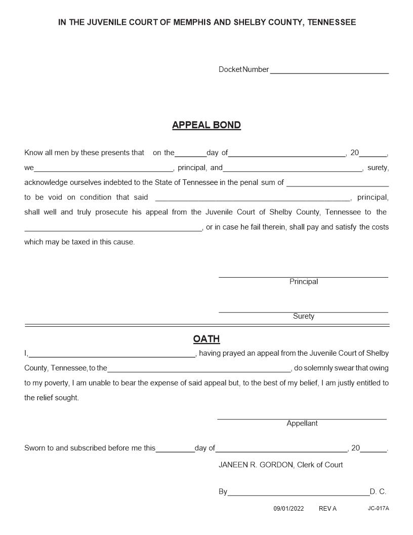 Appeal Bond {JC-017A} | Pdf Fpdf Docx | Tennessee
