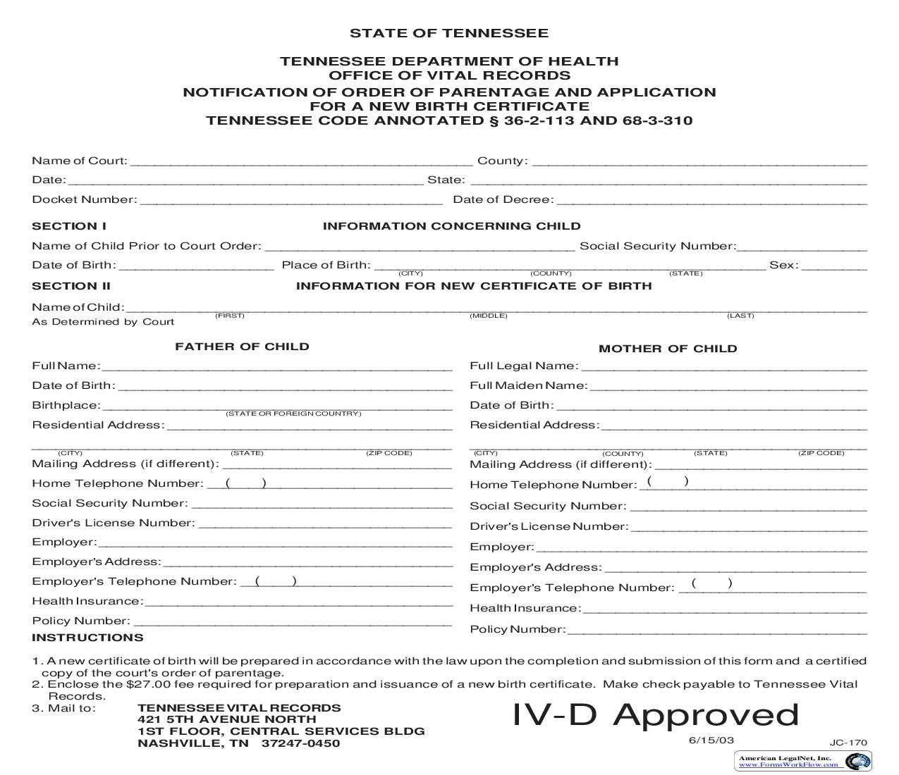 Notification Of Order Of Parentage And Application For A New Birth Certificate {JC-170} | Pdf Fpdf Doc Docx | Tennessee