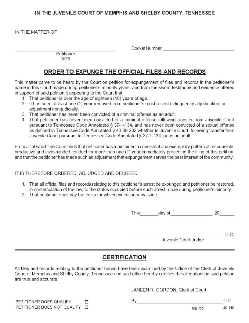 Order To Expunge The Official Files And Records {JC-14C} | Pdf Fpdf Docx | Tennessee