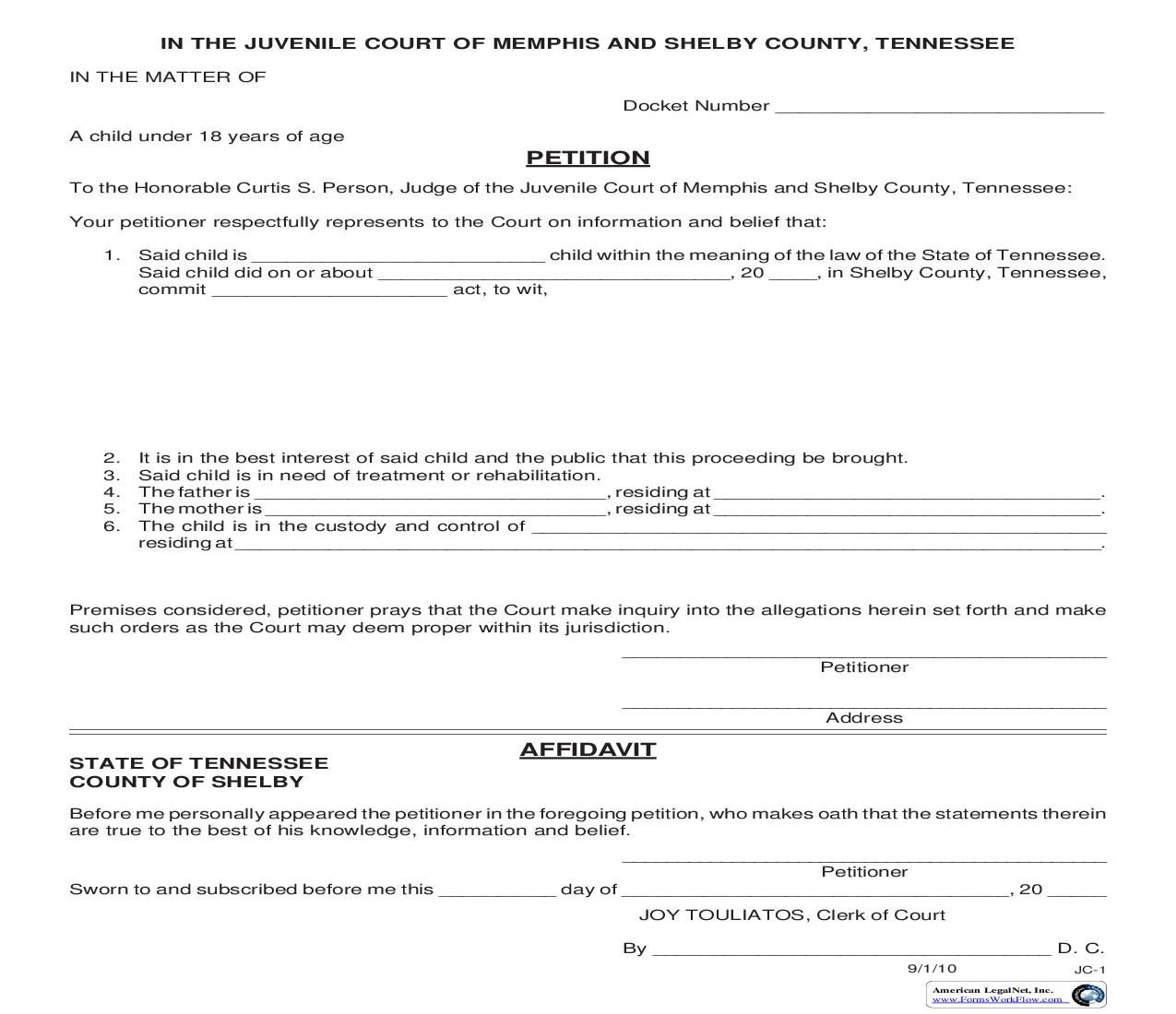 Petition - Unruly And Delinquent {JC-1} |  | Tennessee