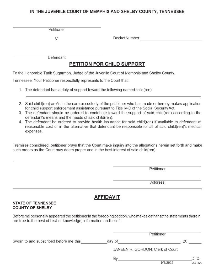 Petition For Child Support {JC-26A} | Pdf Fpdf Docx | Tennessee